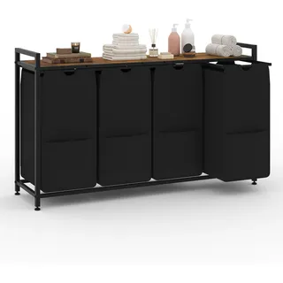 Virimolo Wäschekorb 4 Fächer Schwarz, Wäschesammler mit Ablage, Wäschebox Metall & MDF 121x33x72 cm, Schmutzwäschebehälter Ausziehbar, Wäschesortierer