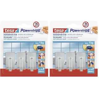 tesa Powerstrips Haken Small Classic - Selbstklebender Wandhaken für Glas, Kacheln, Holz, Kunststoff und andere Untergründe - Chrom, Klein (Packung mit 2)