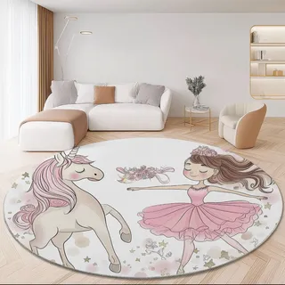 Generisch Teppich Runde 150 cm Niedlich Ballerina Einhorn Waschbarer Rutschfester & Kurzflor Teppich für Wohnzimmer Schlafzimmer Esszimmer Korridor, Weich Flanell Runde Teppiche Hellrosa