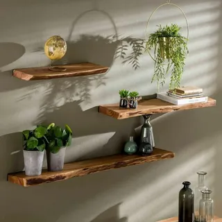 RINGO-Living Massivholz Schweberegal Baumkante in Natur-dunkel, Holzregal 60 cm breit, Landhaus Wandregal aus Akazienholz, Schlichtes Holz, Natur Holzbrett Wand, 20 x 60 x 4 cm