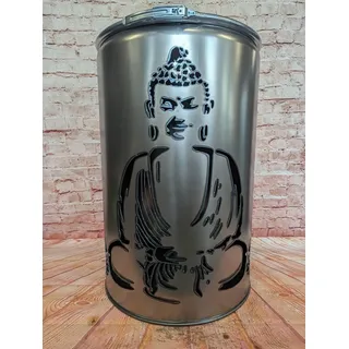 Fuchsbau Feuertonnen Feuertonne mit - Buddha - Motiv - Gefertigt aus neuem Ölfass - Besondere Feuerstelle für Garten und Terrasse - Hohe Feuerschale mit Rostoptik - 90 x 60 cm