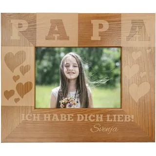 Casa Vivente Bilderrahmen mit Gravur für Papa, Motiv Herzen, Personalisiert mit Namen, Rahmen aus Holz, Vatertagsgeschenk