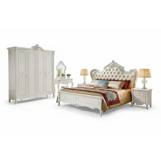 JVmoebel Schlafzimmer-Set Luxuriöses Schlafzimmer-Set im Barock-Stil mit edlen Verzierungen, (6-tlg., Bett, 2x Nachttisch, Schminktisch, Hocker, Kleiderschrank), Made in Europa weiß