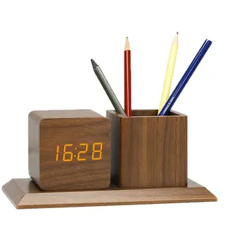 ThreeH Holzwecker mit Stifthalter Schreibtisch Organizer Datum Uhrzeit Temperaturanzeige 3 Alarmeinstellungen Helligkeit Einstellbar Braun