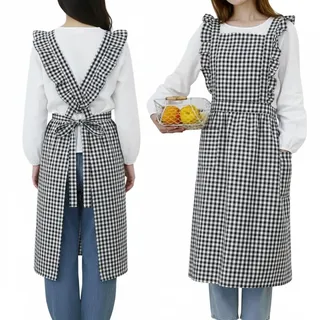 MiOYOOW Vintage Schürzen, Küchenschürze aus Baumwolle mit Karomuster, Rüschen und 2 Kleinen Taschen, Gartenschürze für Frauen zum Kochen, Backen, Grillen und für Cafés.