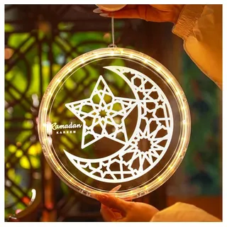 Jibenhome Beleuchtetes Fensterbild LED Fensterleuchter Eid Ramadan Lichterkette 26 LED mit Haken, Batterie, Hängende Lichter, Beleuchtetes Fensterbild, Warmweiß Stern Mond