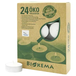 Öko-Teelichter Ø38 mm, BIOKEMA, mit Alu-Hülle, Brenndauer ca. 4h, 24 St.