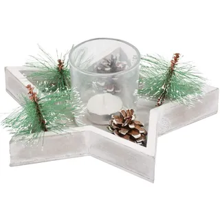 Holz Sterntablett Winterdekoration für Weihnachtsdeko Stern Tischdeko Weihnachten Kerze Teelicht 23 cm lang - Grau, Grün Dekoration