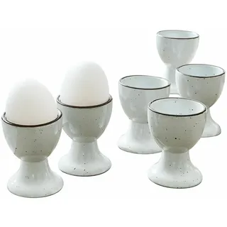 LOBERON Eierbecher 6er Set Biarré - Steingut mit Zierendem Farbrand - Handgetöpfert - Glänzende Oberfläche - 6.5cm, weiß