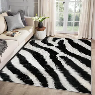 MMYAOKEN Zebramuster Teppich Wohnzimmer 160x200 Tiermuster Schwarz Weiß Deko, Großer Teppich Kurzflor, Weich rutschfest Waschbare Teppiche, Bettvorleger Schlafzimmer Kinderzimmer
