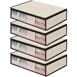 AiQInu Unterbett Aufbewahrungsbox,4 Stück Unterbettkommode mit Sichtfenster und 4 Haltegriffen 60x 45x 15 cm, Faltbare Unterbett-Aufbewahrungstasche Kleideraufbewahrung für Kleidung Decken Bettdecken