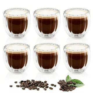Zosenyer 80 ml Espressotassen Glas, 6 Stück Mini Doppelwandige Thermogläser Kaffeegläser, Wellenformige Kaffeetassen Geeignet für die Herstellung von Espresso Macchiato, Matcha, Tee, Cappuccino