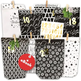 AMARI ® Adventskalender zum Befüllen - 24 Papier Adventskalender Tüten (mit Holz