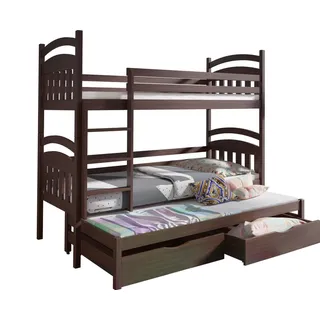 KEF ANTON Etagenbett Kinder Holz Kinderbett für Drei Kinder Leiter Universal mit Matratze 80x190 cm Walnuss - Dunkelbraun
