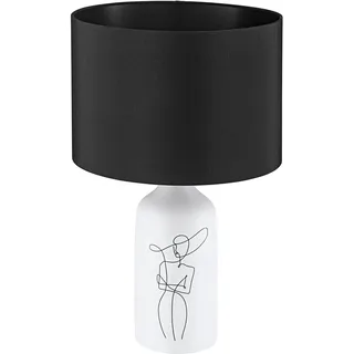 EGLO Tischlampe Vinoza, Nachttischlampe mit Lampenschirm, Tischleuchte aus Keramik in Weiß mit Motiv und Textil in Schwarz, Deko Schlafzimmer, Wohnzimmer Tisch Lampe, E27 Fassung