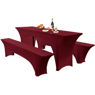 Elastische Hussen Für Bierzeltgarnitur Biertischhussen Bierbank-Auflage & Tischdecke 50 cm Oder 70 cm Tischbreite, 3 TLG Set Stretch Hussen Für Festzeltgarnituren Bierbank (50cm,Dark Red)