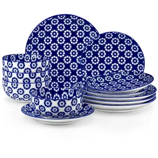 vancasso Geschirr-Set Tafelservice für 4/6 Personen, Porzellan, Blau und Weiß/Bunt (12-tlg), 4 Personen, Porzellan blau