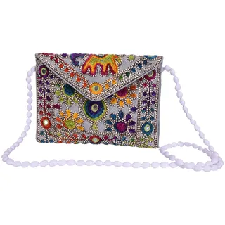 Craft Trade Rajasthani Mini Clutch-Taschen für Frauen Indisch Jaipuri-Kunst Clutch Handtasche für Damen Handbestickte Clutch Umhängetasche für Hochzeits Party und Geschenke - Silber - Einheitsgröße