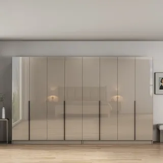 Kleiderschrank OTTO HOME "Annor Schlafzimmerschrank Breite 323 cm hochglanz Schrank Garderobe", beige (kaschmir), B:323cm H:200cm T:52cm, FSC-zertifizierter Holzwerkstoff, Schränke, Kleiderschrank, Drehtürenschrank mit perfekter Innenausstattung - elegante Türgriffe, Topseller