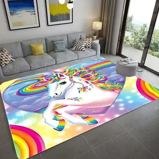 Mädchen Schlafzimmer Teppich 3D Einhorn Carpet Mädchen Zimmer Bodendekoration Rug Cartoon Kinderzimmer Krabbelmatte Flanell Memory Foam Teppich Geeignet für Wohnzimmer (120x180 cm, Bunt 2)