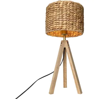 meineWunschleuchte Große Tischlampe Dreibein aus Holz mit Wasserhyazinthe | Höhe 57cm, E27, skandinavische Korblampe, mit Schurschalter, Nachttischlampe aus Naturmaterial, Lampenschirm geflochten