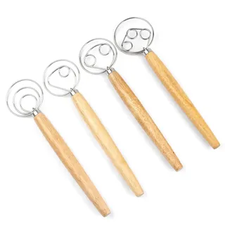 Cobenga Dänischer Teigbesen-Set, 4-teiliger Schneebesen mit Holzgriff, Brotteigbesen und Teigschaber, Edelstahlring, Brotteigmischer, Brotbesen für Teig, Brot, Kuchen, Pizza und Kekse