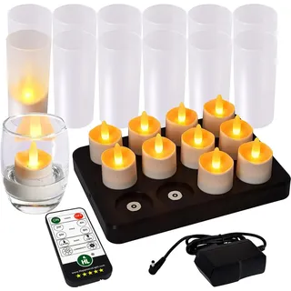 HL LED wiederaufladbare teelichter, 100 Stunden wiederaufladbar Kerzen mit Ladestation und Fernbedienung,Wasserdichte Flammenlose Akku Kerze für Heimdekoration,12 Stück,Bernstein