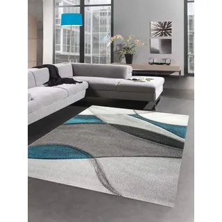 CARPETIA Teppich modern Wohnzimmer Wellen blau türkis grau Größe 80 x 300 cm