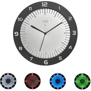 TFA Dostmann Analoge Leuchtende Wanduhr mit LED Lumoclock, 60.3553, inkl 9 Farbvarianten, Gaming Accessoires, Wand-Dekoration Bar, Nachtuhr, Leuchtuhr, inkl. Funk-Wanduhr, mit 3-D Ziffern, 30cm, grau