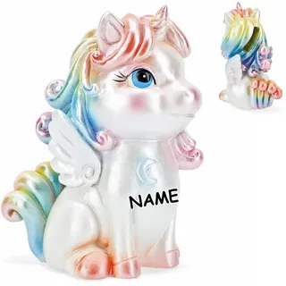 alles-meine.de GmbH Spardose Verschiedene Modelle wählbar mit Verschluss - aus Kunstharz/Polyresin süßes Einhorn/Pferd Pegasus inkl. Name - mit Verschluss - aus Polyr..