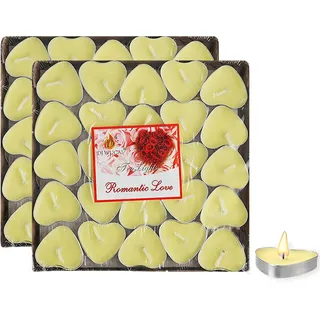 MOAMUN 100 Stück Teelichter Kerzen, Herzform Teelicht Mini Candle Bulk Rauchlos Candles, Kleine Kerzen Partylite Kerzen für Valentinstag Hochzeitstag Weihnachten Dekoration (Gelb)