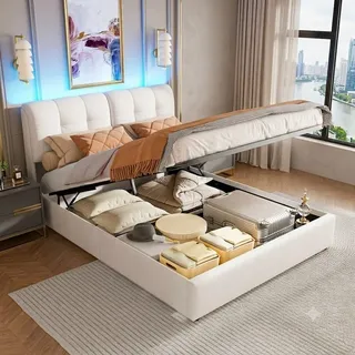 Polsterbett 160x200 cm, modernes Doppelbett mit LED-Beleuchtung, Bett mit Lattenrost und Gepolstertes Kopfteil, hydraulisches Funktionsbett Stauraumbett für Schlafzimmer, ohne Matratze (160X200CM)