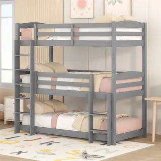 ModernLuxe - Etagenbett, 3-Fach mit Seitenleiter, für Kinder und Jugendliche, 90 x 200 cm (grau)