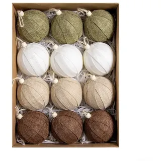 Rackumic Rustikale Jute-Weihnachtskugeln – 8 cm Schaumstoffkugeln mit Leinenschnur für Baum, Bauernhaus, Urlaubsdekoration in Olivgrün, Weiß, Beige, Braun, 12 Stück