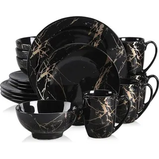 Famanu Serviesset Elegante 16-teilige Porzellanserie für 4 Personen - Schwarz mit Gold