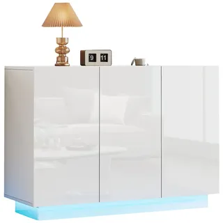 Sideboard 120x40x75 cm Hochglanz Weiß mit LED, verstellbare Regale, Anti-Kipp, großer Stauraum für Wohnzimmer, Esszimmer