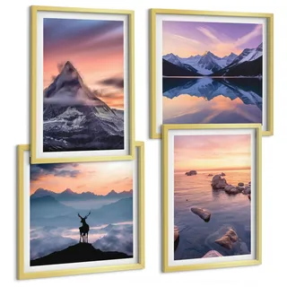 BILDER SET 4er Set - 50x50 cm & 40x60 cm Goldrahmen - Landschaften Berge Seen jelen