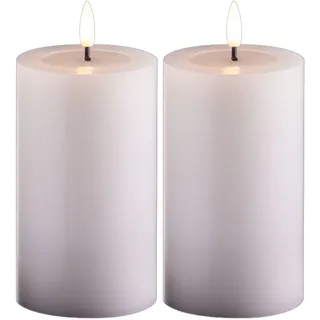 2er Set LED Stumpenkerzen mittel weiß Echtwachskerze mit beweglicher Flamme flackernd - Timerfunktion für 6 Stunden Warmweißes Licht 7,5cm ø 12,5cm Höhe - 2 AA Batterien nötig Echtwachspiegel