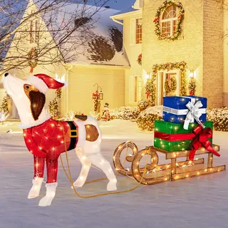 GOPLUS LED Hund mit Schlitten, 80cm Beagle-Figur Deko beleuchtet Weihnachten, glühendes Hündchen Weihnachtsdeko, Puppy Deko Weihnachtsfigur für Innen Außen