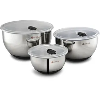 HexClad Edelstahl-Rührschüssel-Set, 3-teilig – Premium-Edelstahlschüsseln mit Deckel – Rutschfeste Silikonbasis, vakuumversiegelte Deckel – Stapelbar & spülmaschinengeeignet