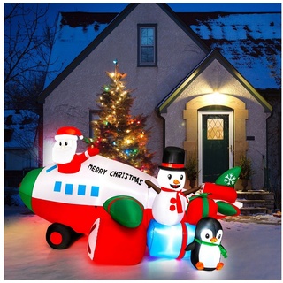COSTWAY Weihnachtsmann, im Hubschrauber mit Schneemann & Pinguin, aufblasbar rot|weiß