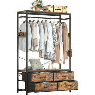 Yorbay Kleiderständer Freistehende Garderobenständer mit 4 Schubladen 4 Haken offener Kleiderschrank, Holz und Stahl Vintage