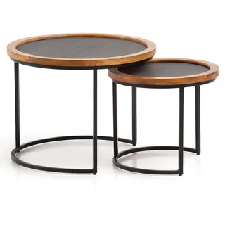 FineBuy Couchtisch FineBuy Wohnzimmertisch 2er Set Rund Holz / Steinoptik Satztisch
