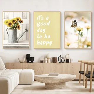 Uixxducc 3er Modern Poster Set, Gelb Sonnenblume Bilder Blumen Blätter Wandbilder, Stilvolle Leinwandbilder, Ohne Rahmen Kunst Bilder für Wohnzimmer Schlafzimmer (A,21x30cm)