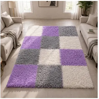 Carpetia Teppich Shaggy Teppich Hochflor mit Karomuster flieder lila, rechteckig, Höhe: 30 mm grau|grün 120 cm x 170 cm x 30 mm