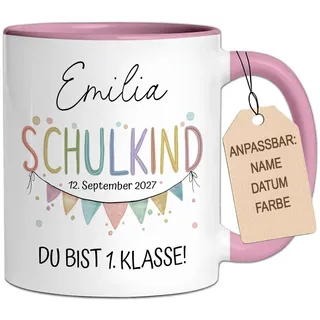 Personalisierte Tasse Einschulung mit Namen & Datum – Geschenk Schulanfang 2026 2027 Mädchen Jungen – Keramikbecher Spülmaschinenfest – Schultüten Füllung