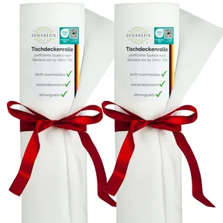 Sensalux Vlies Tischdeckenrolle 2er Set 1,50 x 25 m Weiß, 80 g/m2, abwaschbar, wasserabweisend, stoffähnliche Tischdecke Rolle, Oeko-TEX, Party, Catering, Gastro