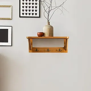 KARAT Wandregal mit Haken Wandgarderobe Holz Schweberegal Hängeregal Regalbrett Wandboard Holzregal Wand für Flur, Wohnzimmer, Badezimmer 40x14,5x16,8 cm mit praktischen Garderobenhaken Rustic