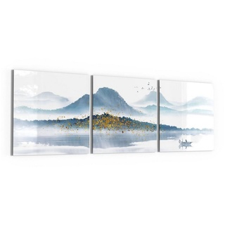 DEQORI Glasbild 'Berge mit Farbakzenten', 'Berge mit Farbakzenten', Glas Wandbild Bild schwebend modern goldfarben|grau|weiß