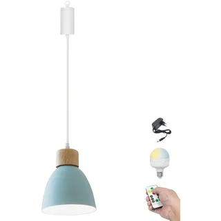 FSLiving Dimmbare Hängelampe mit Batterie Innen, Modern Eisen Hängeleuchte Batteriebetriebene Lampe, Pendelleuchte ohne Strom Stromanschluss für Küche Nachttischcafé,Blau